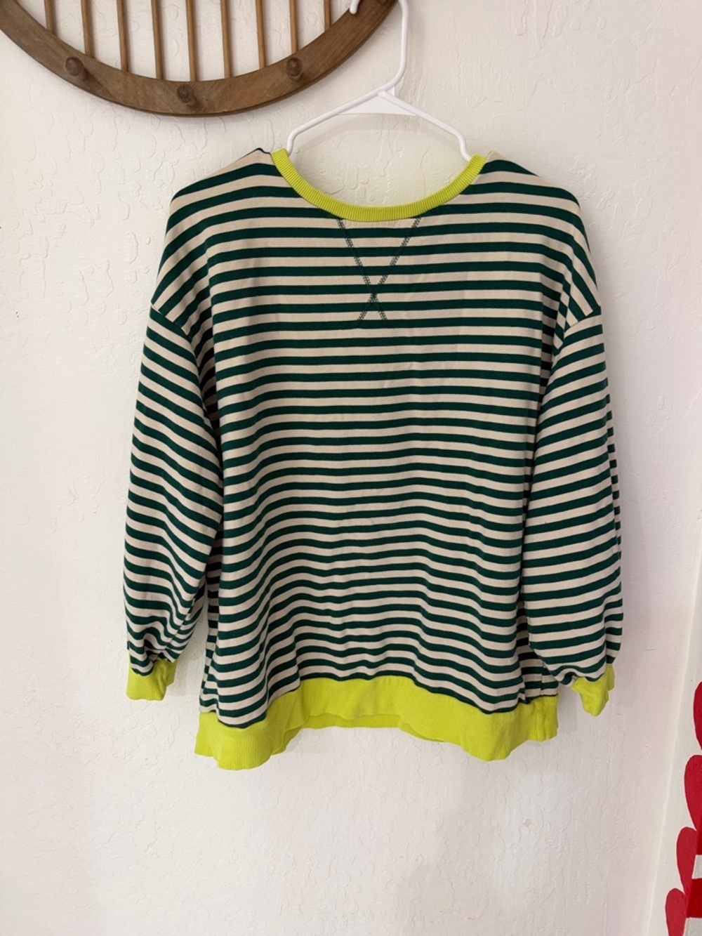 Green Tan Striped Neon Pullover Crewneck Sweater M/L Oversized - Picture 2 of 7